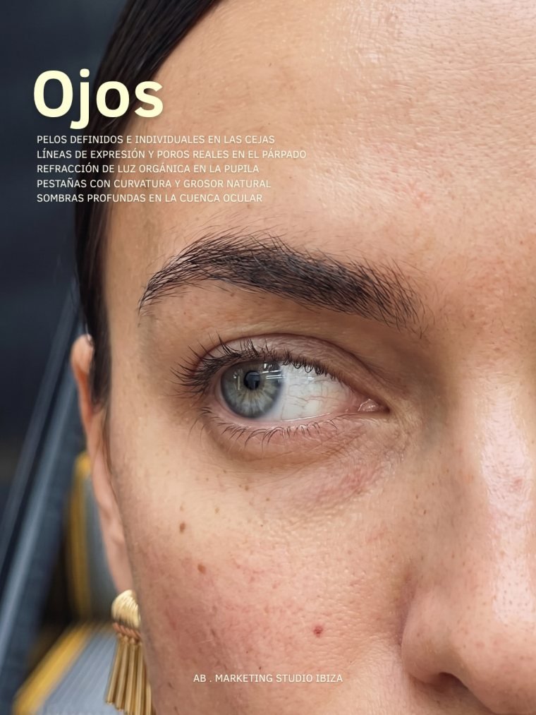 Detalle del ojo: pelos de ceja definidos y luz en la pupila